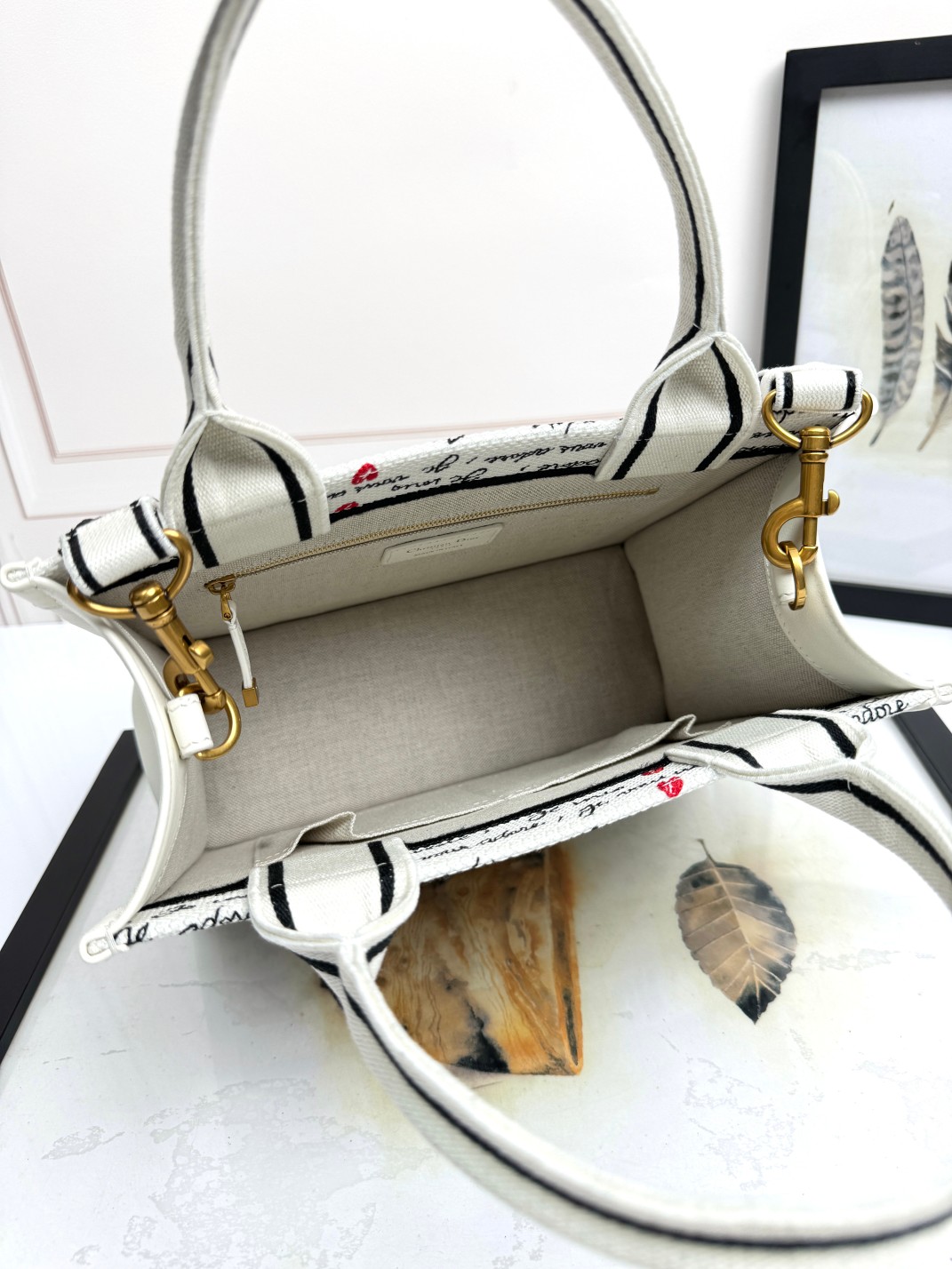 Small Dior Book Tote Bag White Embroidery with Black and Red Je Vous Adore Motif and White Calfskin